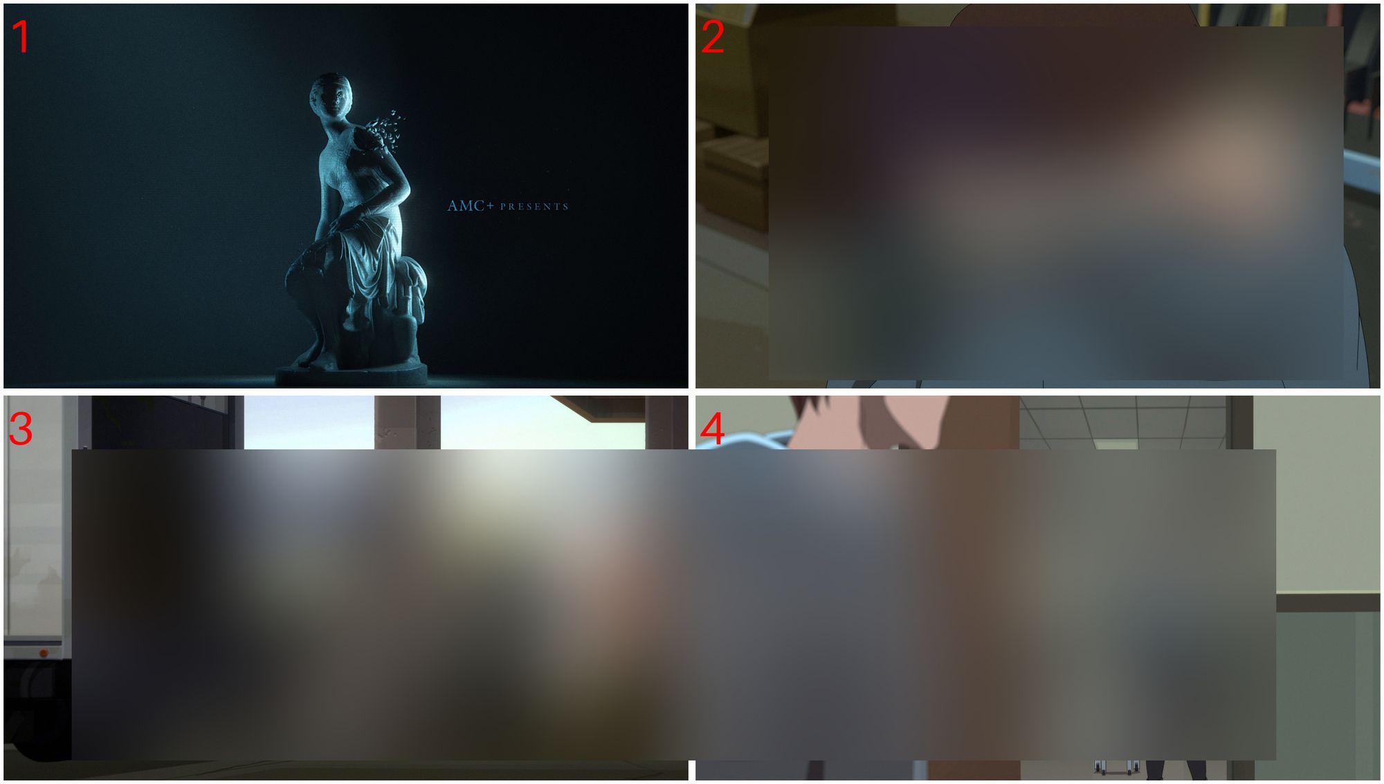 A grid of 4 images, each of a different shot in the show. There are bright red numbers in the top left of each image, counting 1 2 3 4. As with other images, large portions of the individual frames are blurred out to avoid spoiling the content.