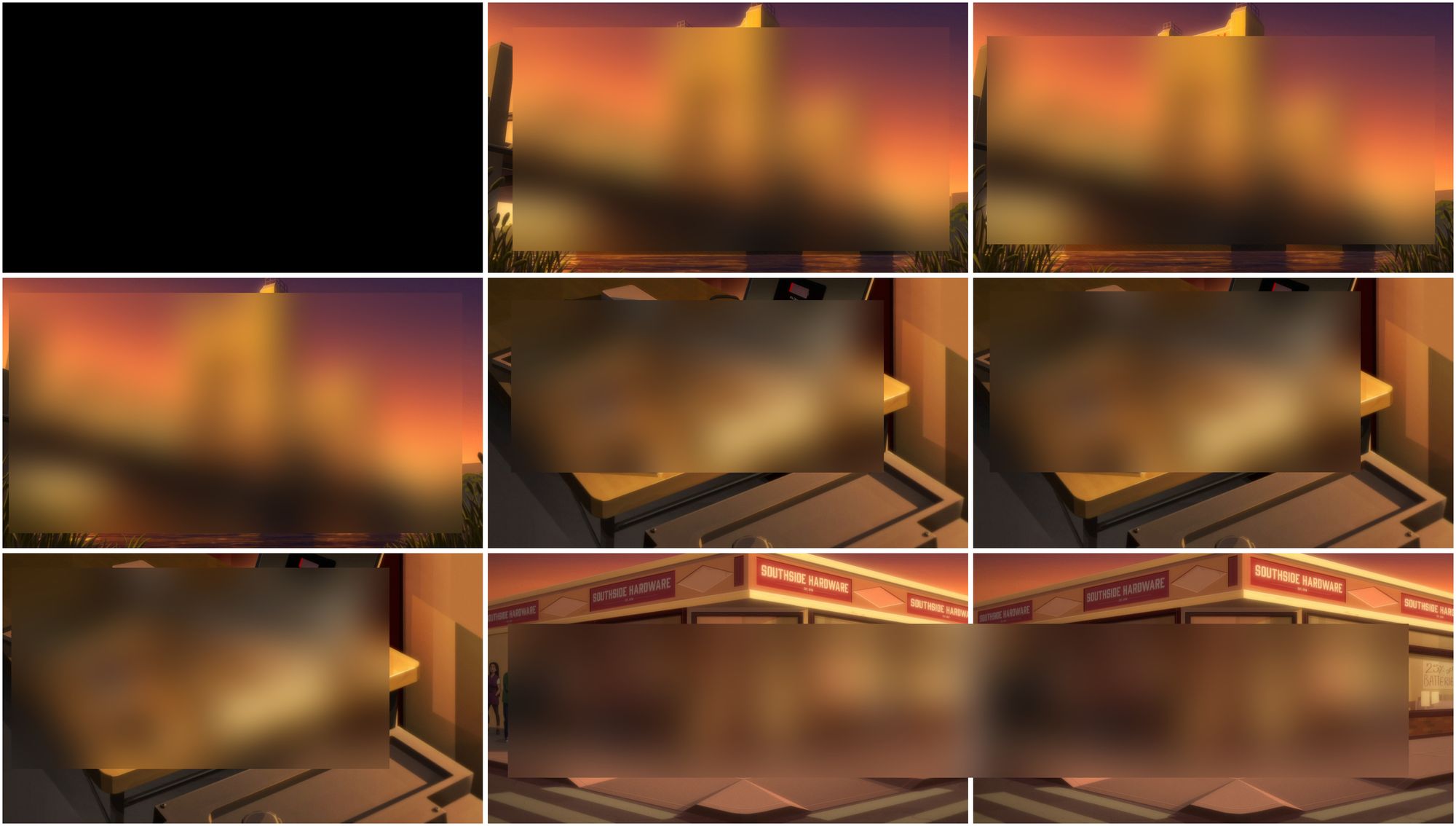 A set of 8 images from Pantheon. They are all blurred heavily to prevent spoilers. The first image is a black screen, followed by 3 very similar images. Next is another 3 very similar images, and there are 2 more very similar images on the bottom.